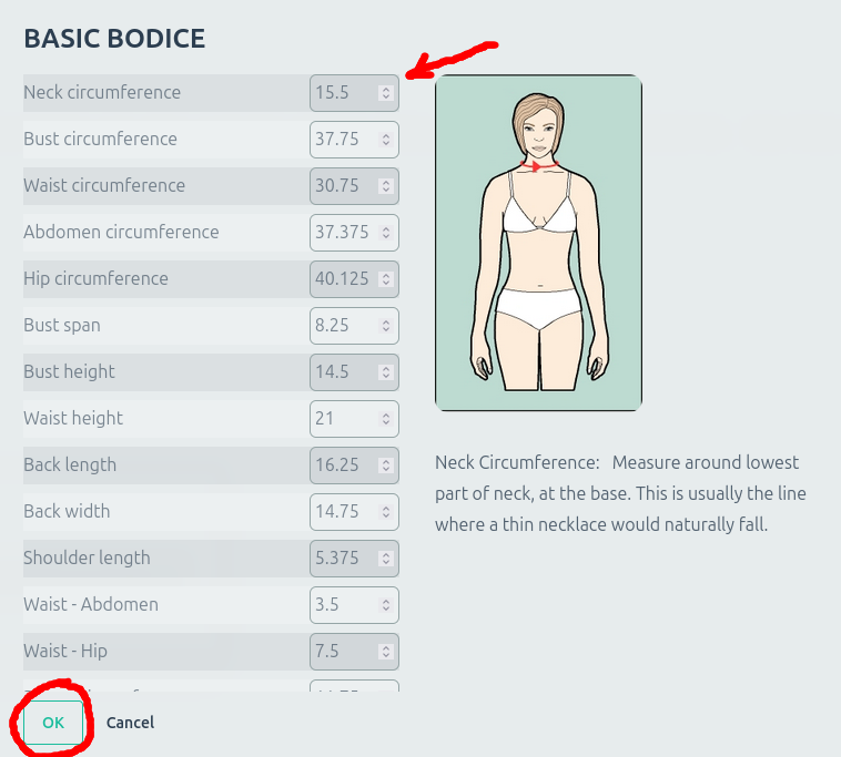Dialog:  Enter measurements